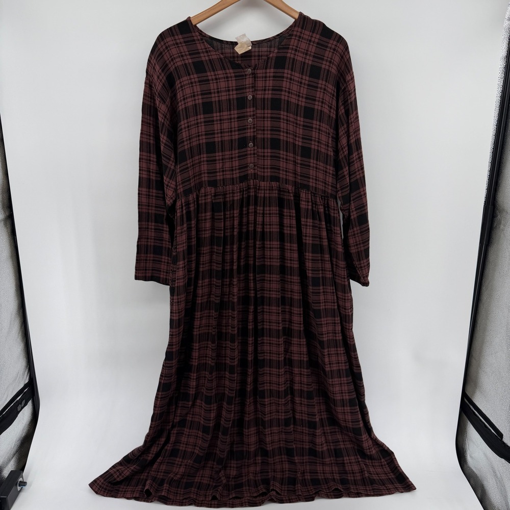 Vintage PA Company Boston Plaid Maxi Dress Rayon Burgundy Black Pockets Large
